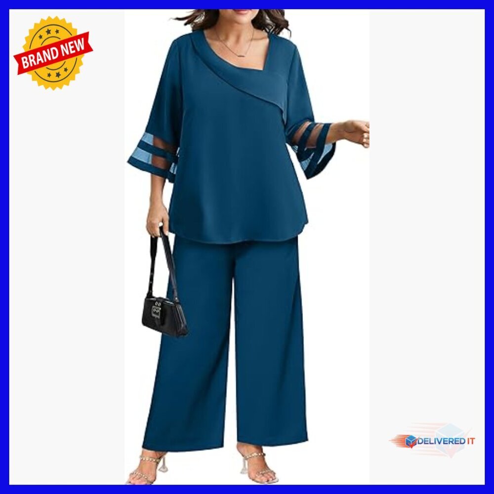 Plus Size Pant Suit 2 Piece Mesh Bell Sleeve Outfit Women's Evening Party